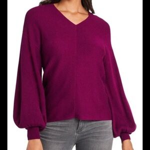 𝅺1 state Berry Sweater Balloon Sleeve Cotton V-Neck Pullover